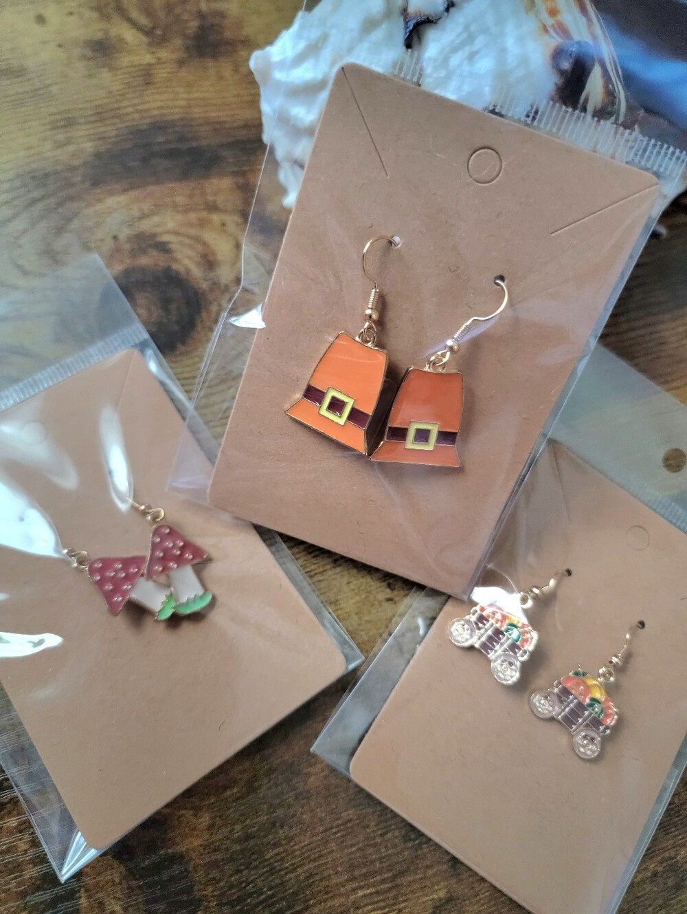 3pcs Fall Earrings Orange Pilgrim Hat, Mushroom Earrings - Cute Fall Accessory